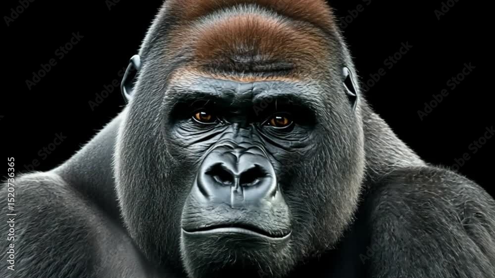 a gorilla animal that seems to be looking at us against the black background of the footage
