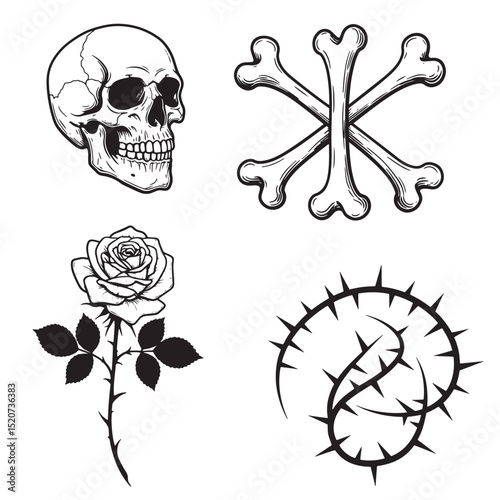 Gothic vector elements skull rose crossbones and thorns isolated on white background