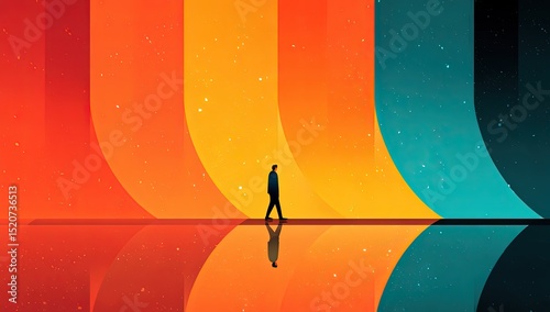 Man Walking Across Colorful Abstract Background