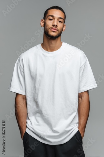 A young man with medium-dark skin tone wears a plain white t-shirt, posing confidently against a neutral gray background. Ideal for fashion, clothing mockups, or modern branding visuals.
