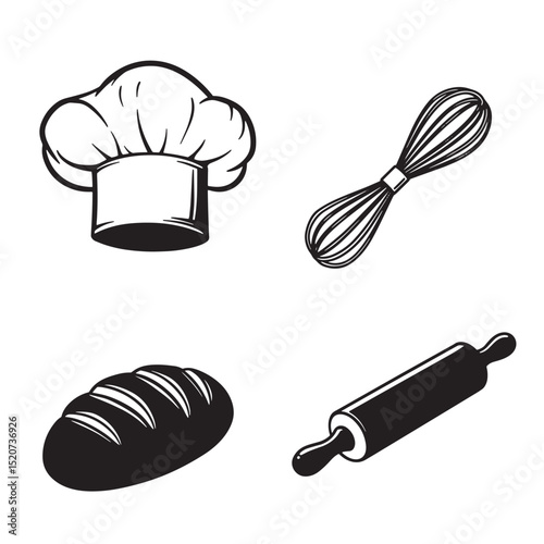 Baking and cooking related black and white vector elements on a white background