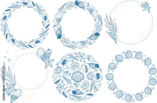 Set of vector frame with sea shells and seaweeds. Illustration of scallop and angaria delphinus and cowrie shells and queen conch isolated.
