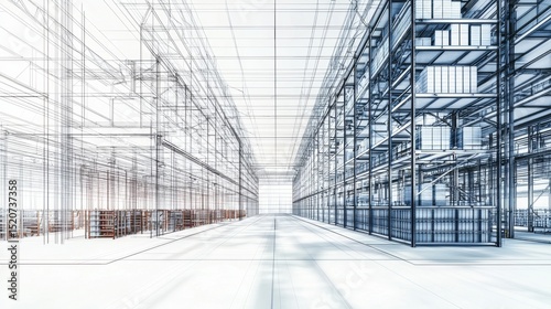 Modern warehouse design concept showcasing intricate structural plans and storage layouts in a spacious environment