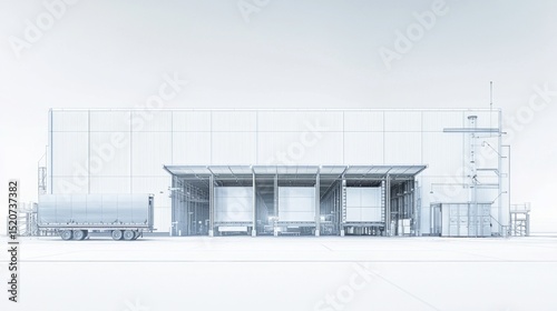 Large industrial warehouse with loading docks and delivery truck in a minimalist style setting