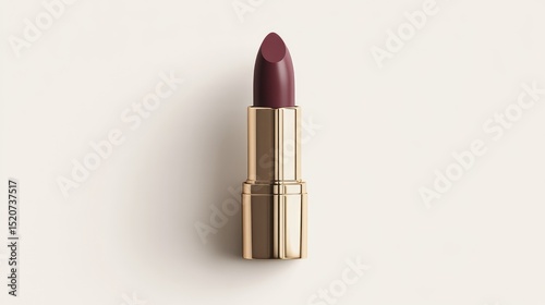 A single tube of deep burgundy lipstick with a gold casing rests on a white background, showcasing a sleek, elegant design