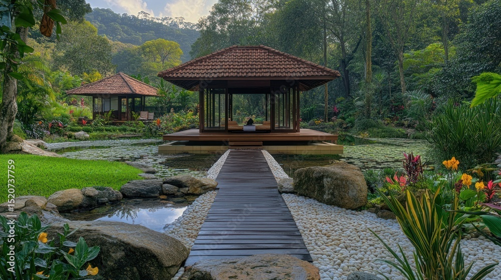 Fototapeta premium Serene Tropical Garden Oasis: Wooden Pavilions, Tranquil Ponds, Lush Greenery