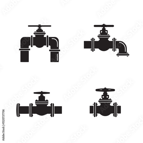 Collection of vector illustrations featuring plumbing valves and piping systems in black and white