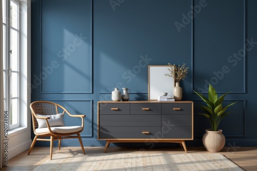 commode with a chair and decor set against a dark blue wall mock up background in a living room interior, 3d rendered to highlight contrast, sophistication