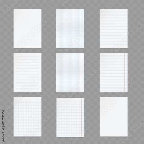 Blank Lined Grid Paper Sheets Set - Notebook Templates. Vector