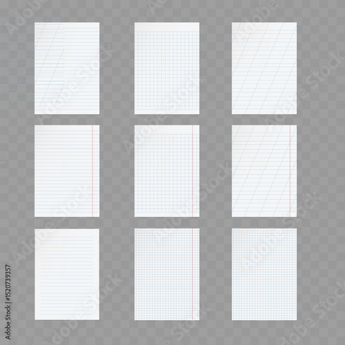 Blank Lined Grid Paper Sheets Set - Notebook Templates. Vector