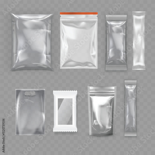 Transparent Plastic Packaging Bag Collection - Food Pouch Mockup. Vector