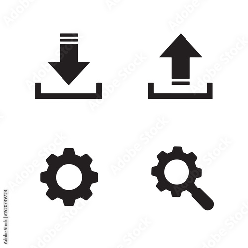 A collection of modern black and white interface icons for upload download settings and search functions