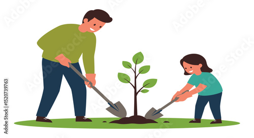 A cartoon illustration of a father and child planting a tree