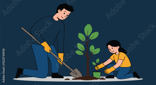 A cartoon illustration of a father and child planting a tree