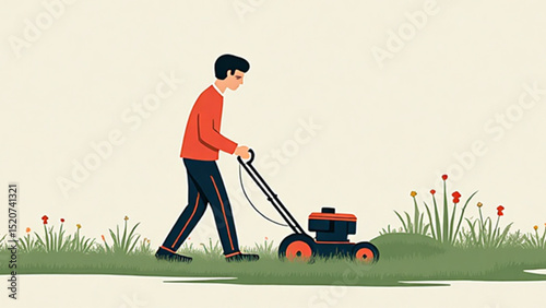 Cartoon dad mowing grass with a lawn mower in a colorful garden