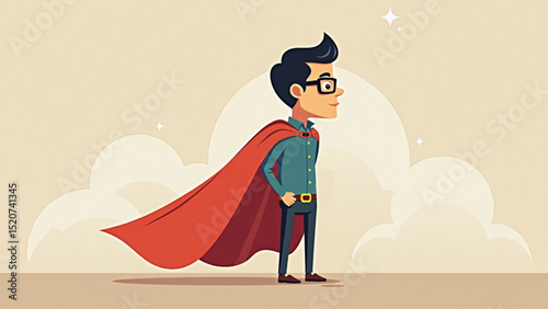 A cartoon dad in a superhero costume stands proudly in a red raincoat and glasses against a background of clouds
