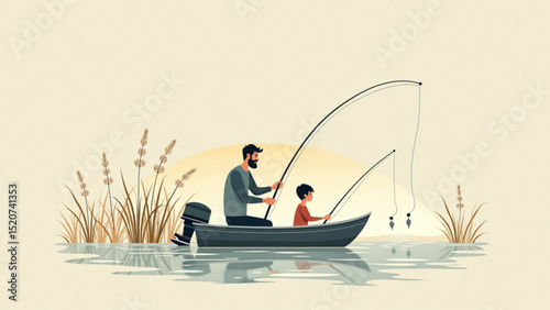 Cartoon father and son fishing together in a boat on a serene lake