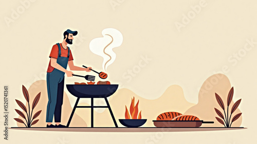 Cartoon dad grilling meat with smoke and fire outdoors