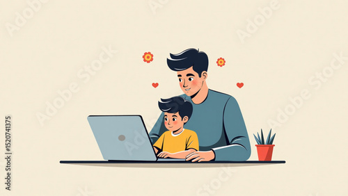 Cartoon father and son using a laptop together, showcasing a bonding moment