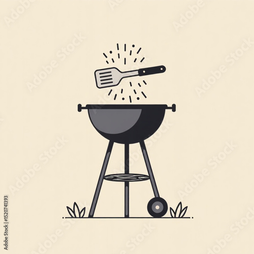 Minimalist illustration of a barbecue grill with a spatula above it, ready for cooking