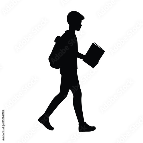 Silhouette of a student with a backpack and book in hand