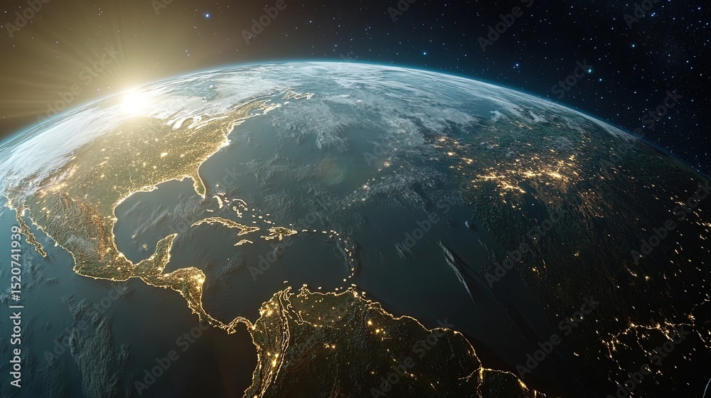 Obraz premium Earth View From Space with City Lights and Sun