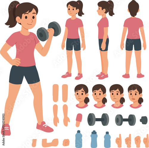 girl,fitness,sporty,workout,exercise,woman,training,gym,active,healthy,fit,athletic,dumbbells,clothing,character,vector,illustration,animation,pose,body,posture,model,front,side,back,view,set,design,f