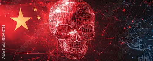Skull with Chinese Flag and Binary Code