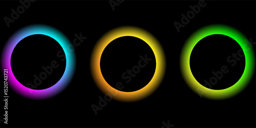 3D black circles frames background set on dark copy space. Colorful lights decoration. Minimal modern graphic design element with glowing style concept for web, poster, flyer, card or brochure cover