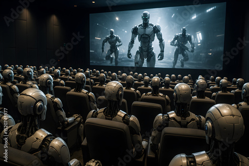 Audience of robots watching sci fi movie in futuristic cinema theater

