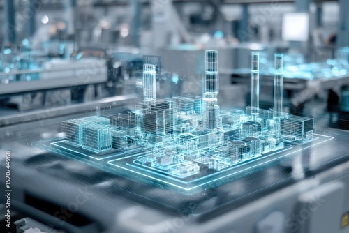 Manufacturing enhanced by digital twin tech, simulating factory operations for optimization.