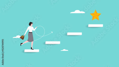 journey to achieve hope of success in business, hope of career development progress, growing journey to achieve business success, businesswoman running up stairs to reach star vector illustration