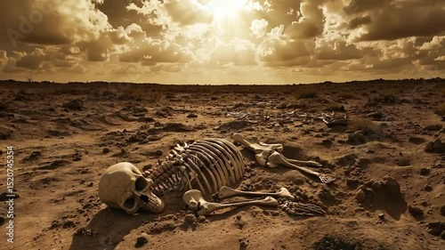 A skeleton laying on the ground in the desert