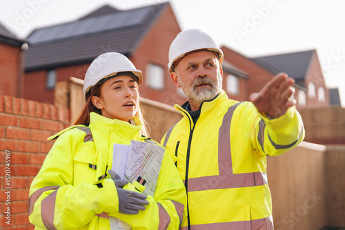 Male construction works project manager and young female site engineer collaborating on-site, discussing project details and future plans at building site