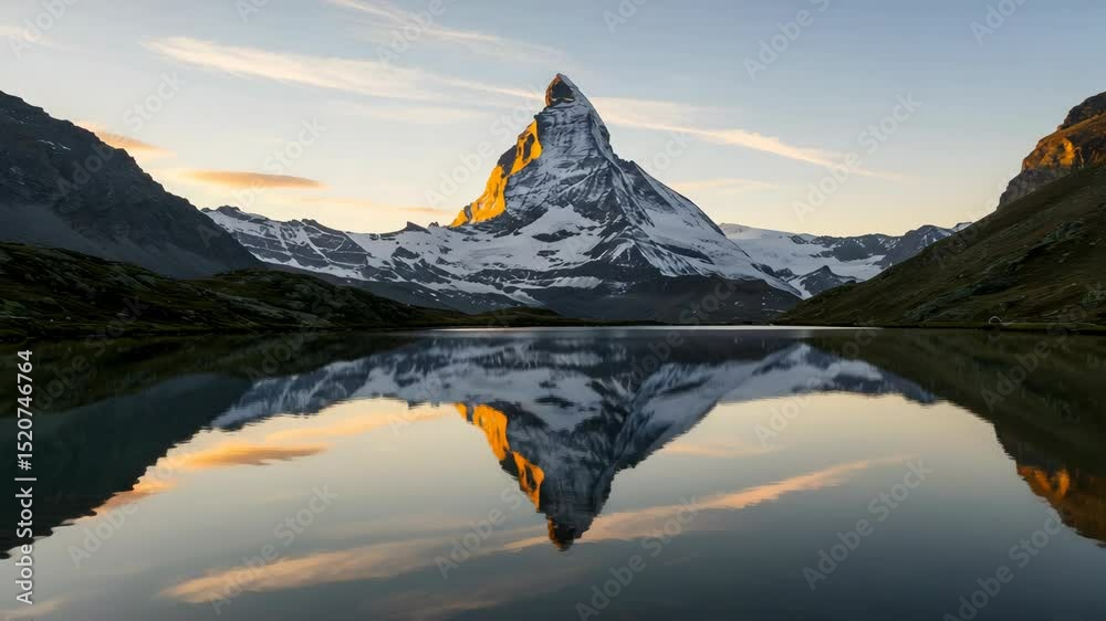 Matterhorn Mountain Reflection In Calm Lake At Sunset In Switzerland Snow Capped Peak Alpine Scenery