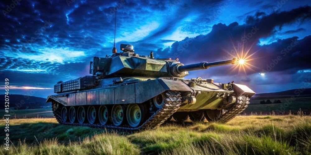Fototapeta premium British Army's Challenger 2 CRARRV performs nighttime recovery operations in Wiltshire's grasslands.