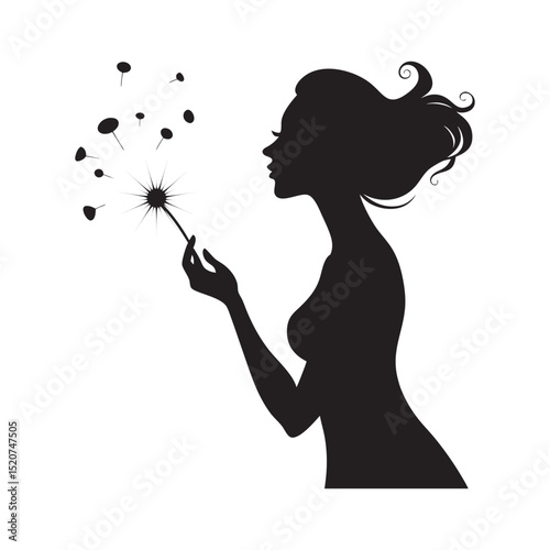 Lady Blowing Dandelion Seeds Away Silhouette