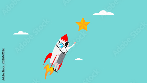 hope of success in business startup, businesswoman riding a startup business rocket trying to reach the stars of success concept vector illustration