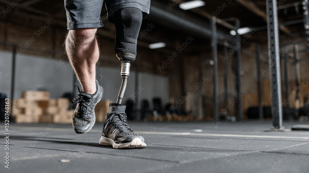 Fototapeta premium Prosthetic Leg Fitness and Exercise: Adaptive Sports and Rehabilitation for Active Lifestyle and Motivation in the Gym