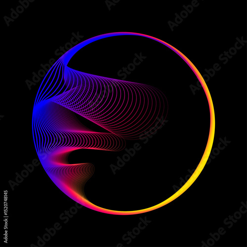 Abstract round shape of wavy lines smoothly flowing into circle frame. Vector color spectrum of light isolated on a black background with copy space