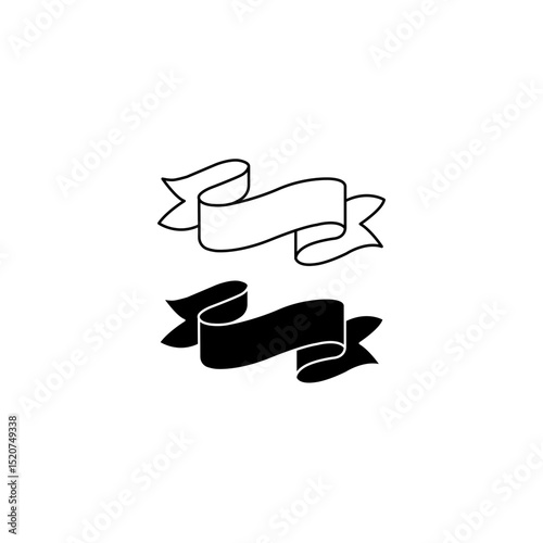 Elegant Curved Ribbon Banner Icons – Vintage Scroll Style Vector Set (Black and Outline)