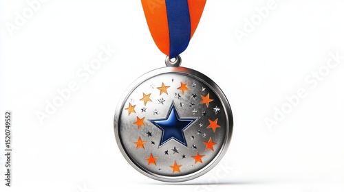 A silver medal with a central blue star surrounded by smaller orange stars, hanging from an orange and blue ribbon against a white background