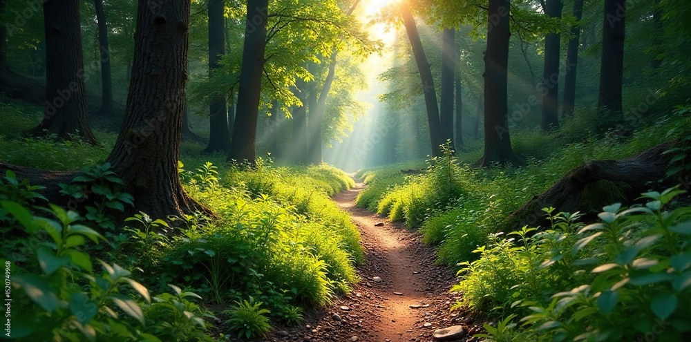 Obraz premium A scenic hiking trail winds through a lush forest, sunlight dappling the path ahead Perfect for adventure and nature-themed projects Discover the beauty of the wilderness , fauna, tranquil, trail