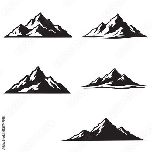 Set of mountain peaks in black and white silhouette designs for outdoors and adventure concepts