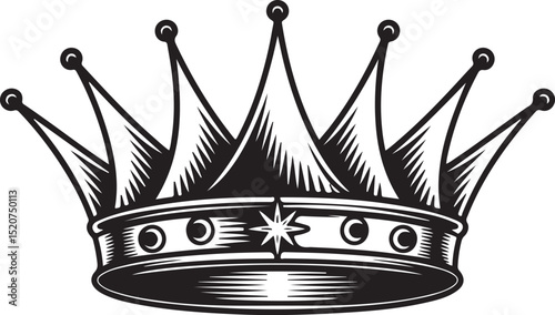 Vintage Crown Illustration Regal Royalty Symbol, Black and White Design