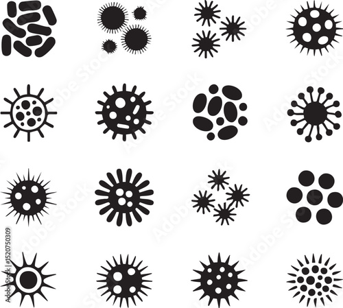 Black and White Vector Icons of Bacteria Viruses and Microorganisms