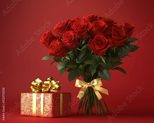 A bouquet of red roses and a gift box on the table, a Valentine's Day theme, a solid color background,