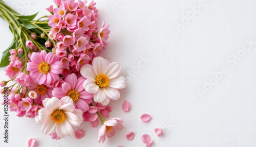 Wallpaper Mural Beautiful bouquet of pink flowers, including daisies and other blossoms, arranged elegantly on light background. delicate petals create serene and cheerful atmosphere, perfect for celebrations Torontodigital.ca