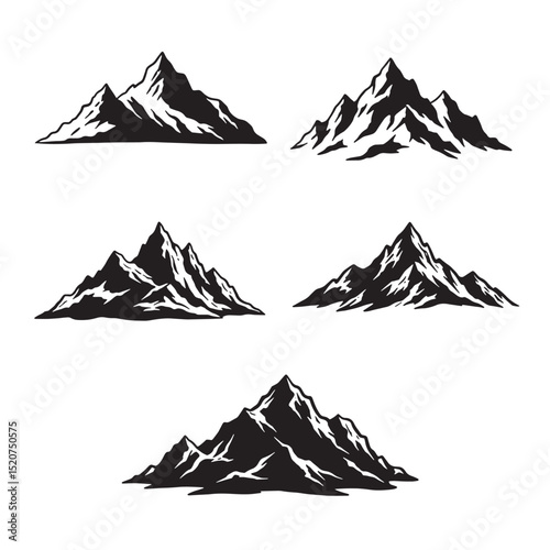 Five black and white mountain silhouettes depicting peaks and peaks for diverse design uses