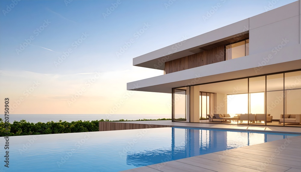 Obraz premium Minimal flat building structure extending over infinite water, sunset glow on horizon, blue and beige tones, clean architectural lines